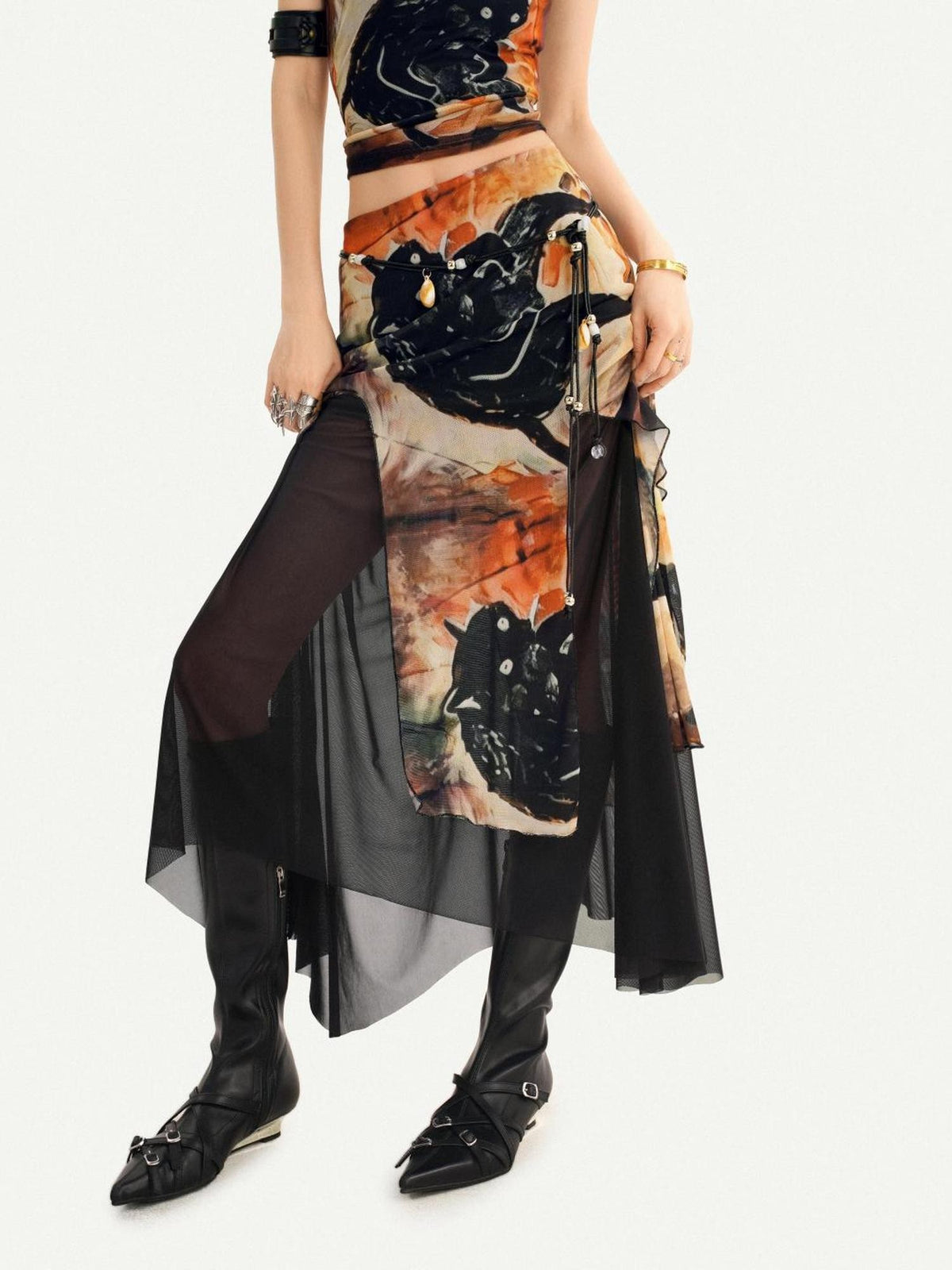 Nico Molly Oriental Ink Wash Print Double Layer Mesh Women&