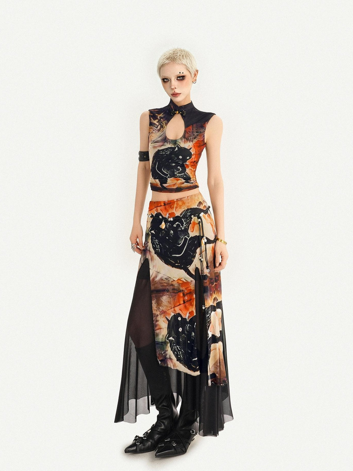 Nico Molly Oriental Ink Wash Print Double Layer Mesh Women&