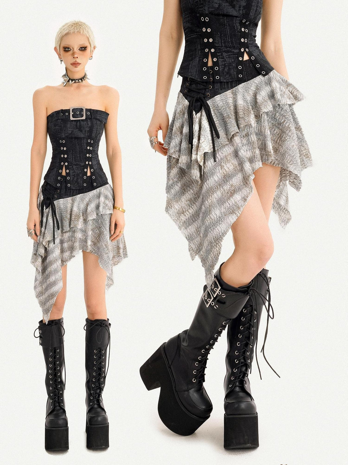 Nico Molly Patchwork Asymmetric High Waist Side Zipper Women&