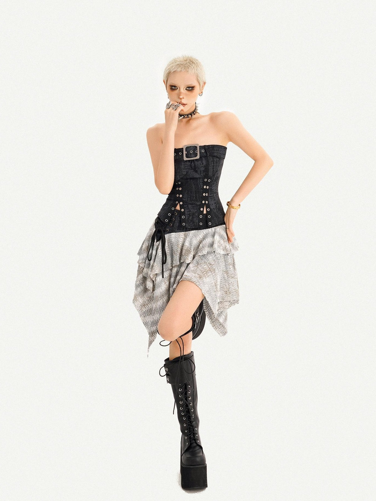Nico Molly Patchwork Asymmetric High Waist Side Zipper Women&