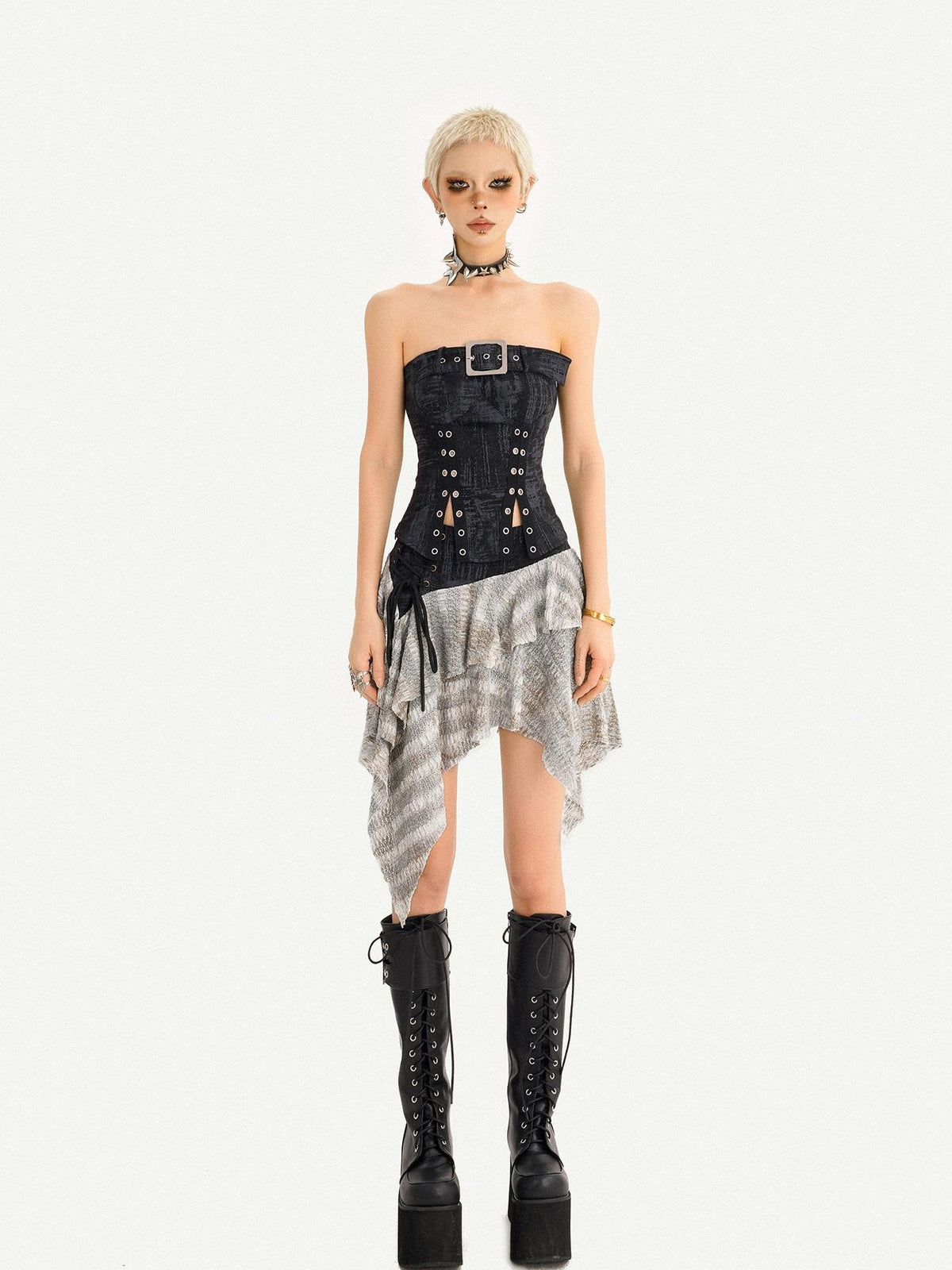 Nico Molly Patchwork Asymmetric High Waist Side Zipper Women&