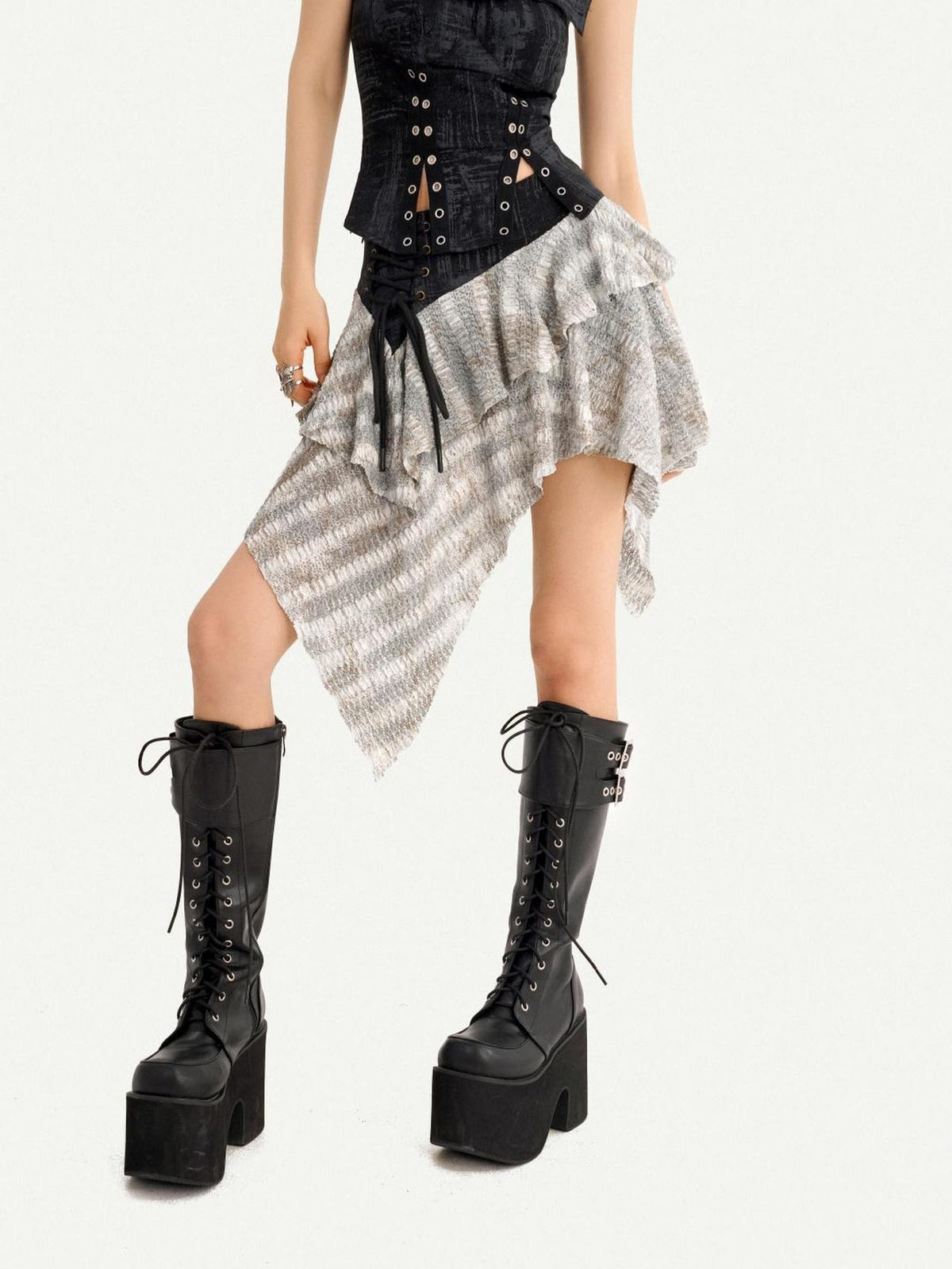 Nico Molly Patchwork Asymmetric High Waist Side Zipper Women&