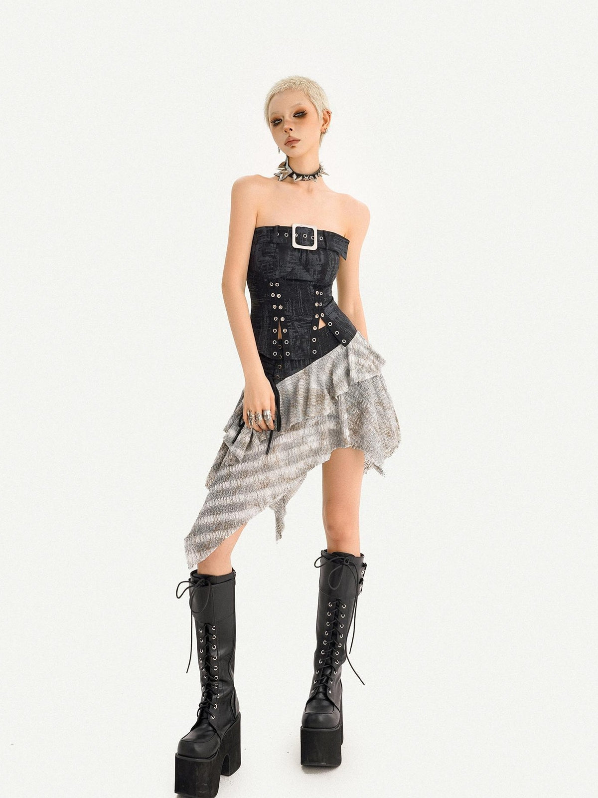 Nico Molly Patchwork Asymmetric High Waist Side Zipper Women&