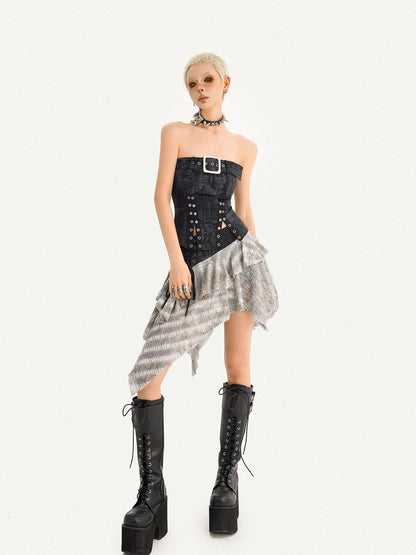 Nico Molly Patchwork Asymmetric High Waist Side Zipper Women&