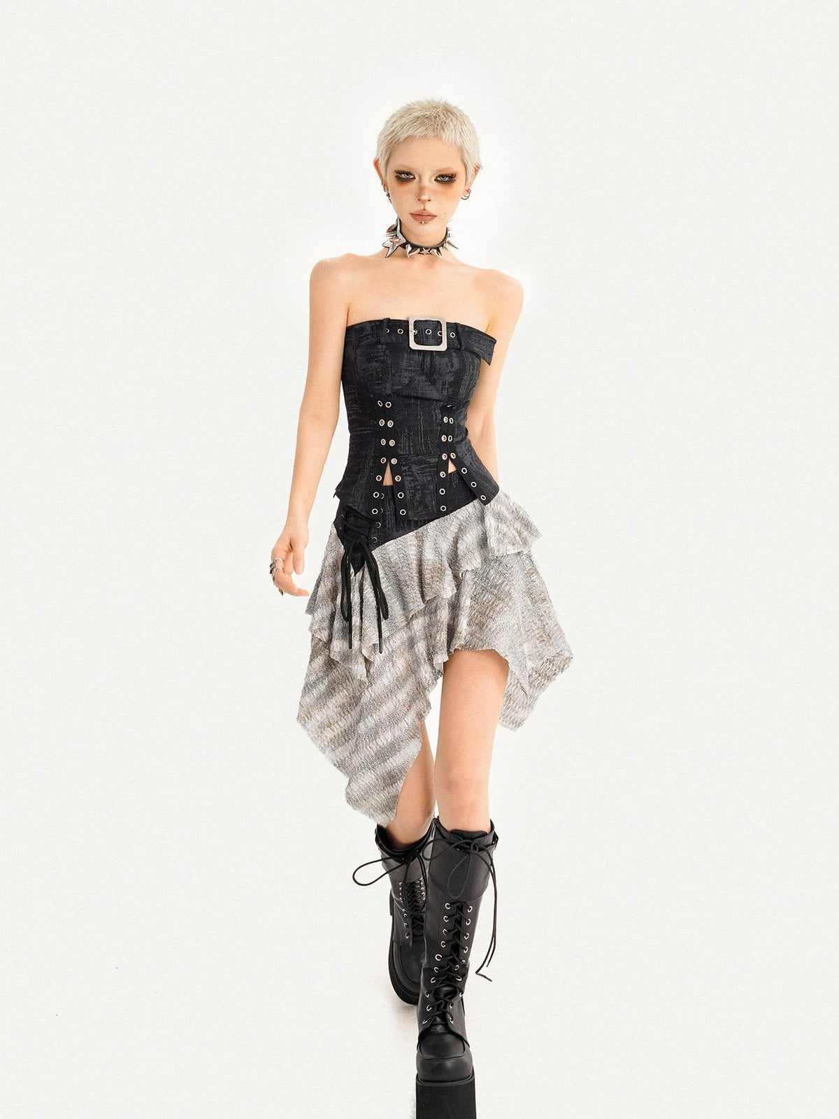 Nico Molly Patchwork Asymmetric High Waist Side Zipper Women&