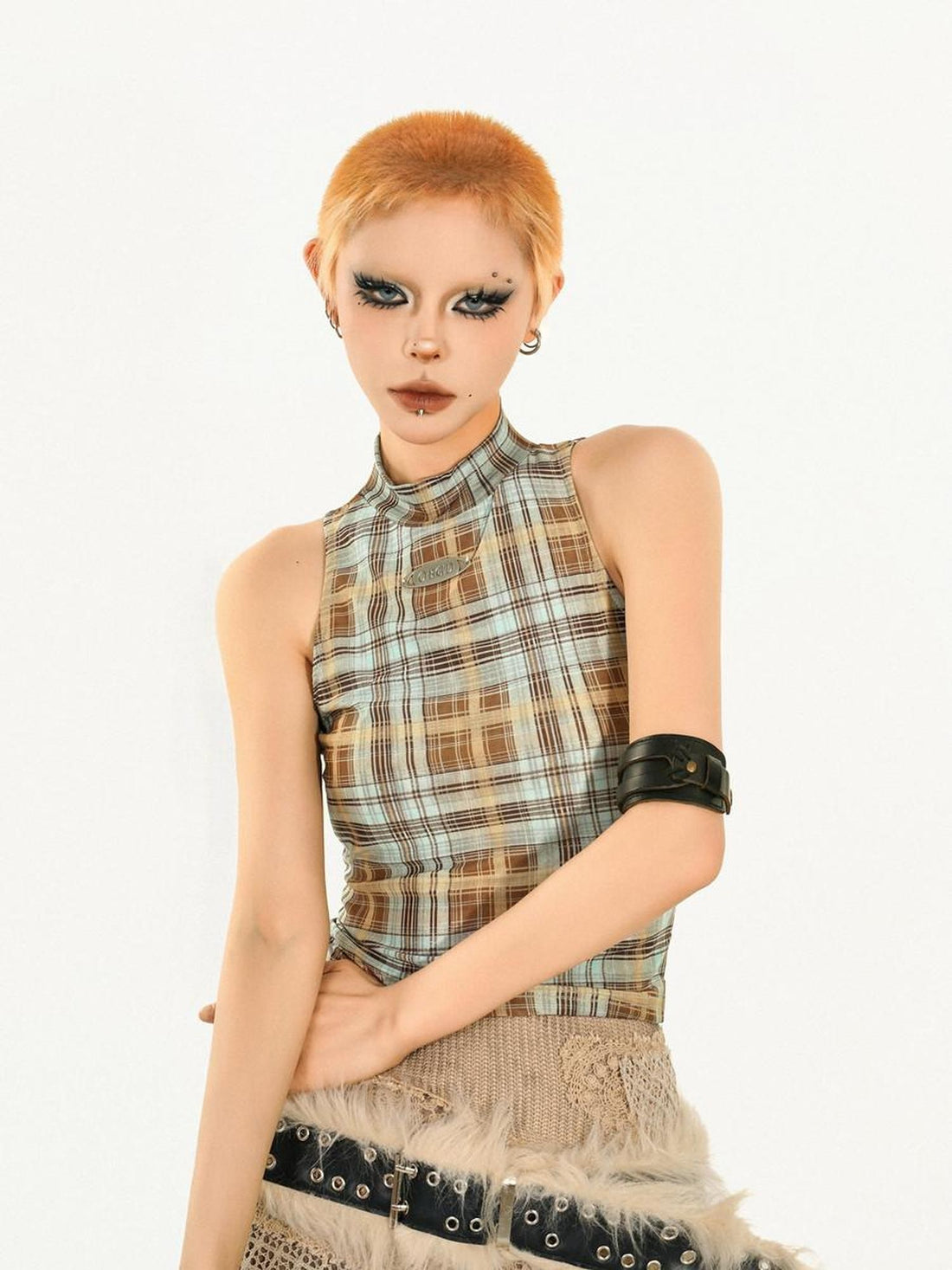 Nico Molly Pink Asymmetric Plaid Slim Fit Streetwear Bodycon Women&