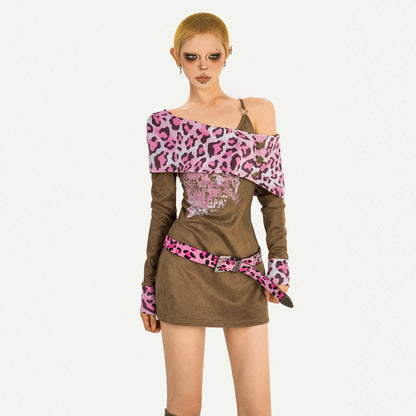 Nico_Molly_Pink_Leopard_Patchwork_A_Line_Long_Sleeve_Two_Piece_Women&