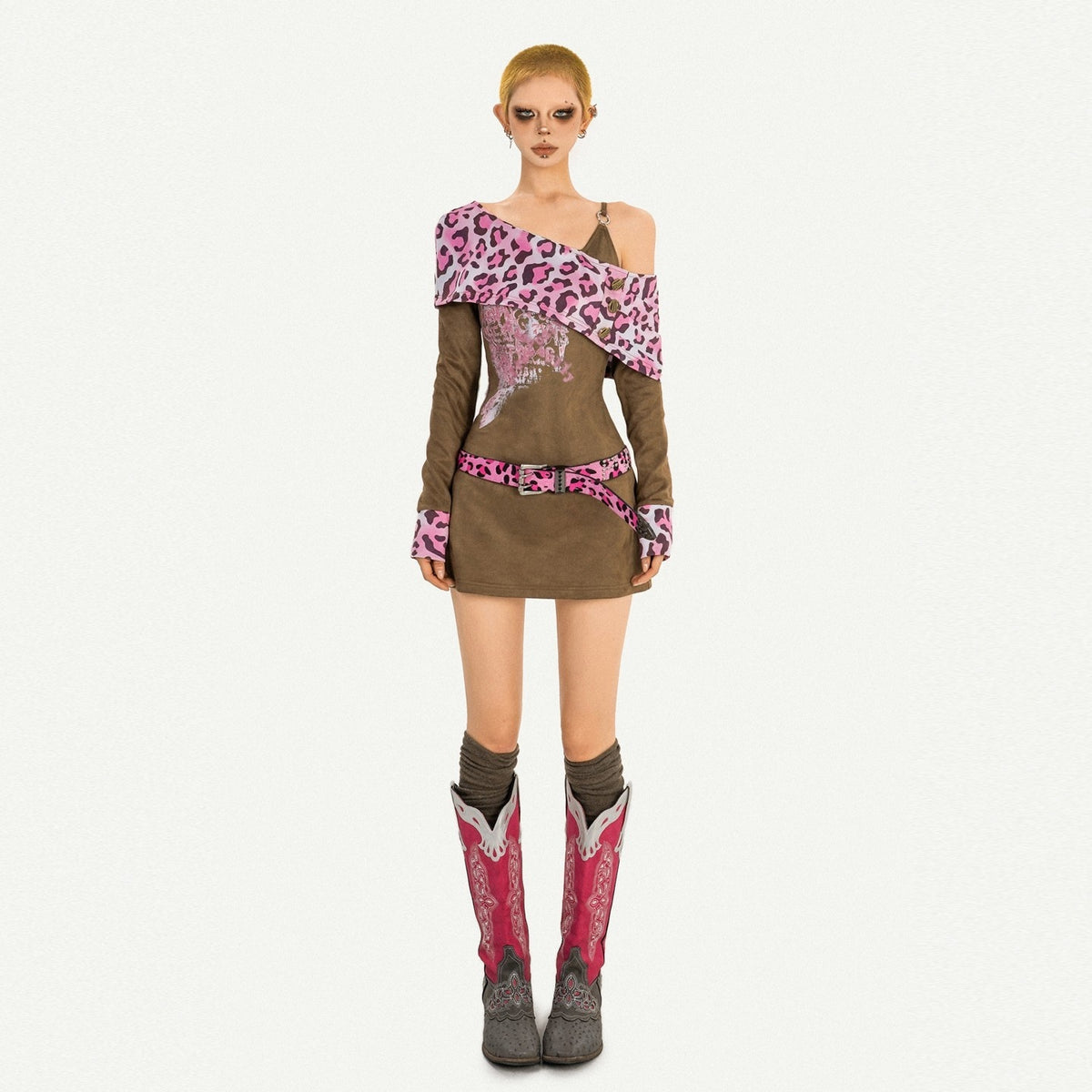 Nico_Molly_Pink_Leopard_Patchwork_A_Line_Long_Sleeve_Two_Piece_Women&