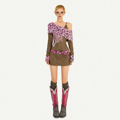 Nico_Molly_Pink_Leopard_Patchwork_A_Line_Long_Sleeve_Two_Piece_Women&