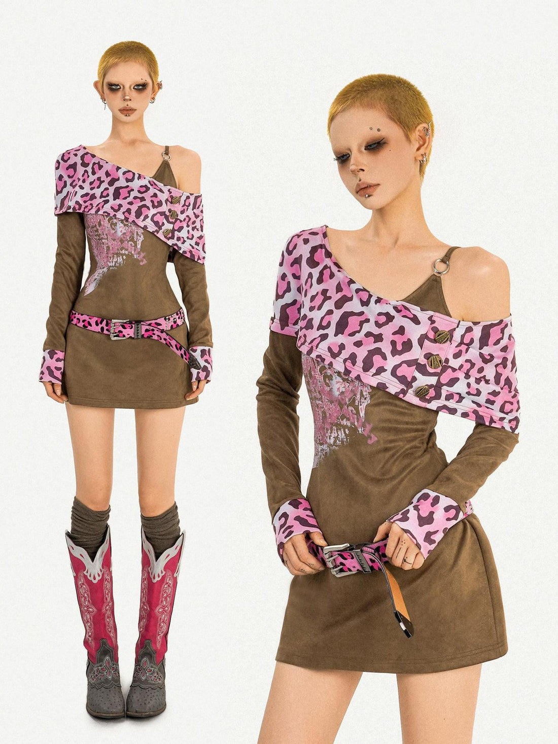 Nico Molly Pink Leopard Patchwork A Line Long Sleeve Two Piece Women&