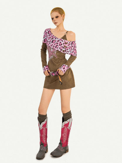 Nico Molly Pink Leopard Patchwork A Line Long Sleeve Two Piece Women&