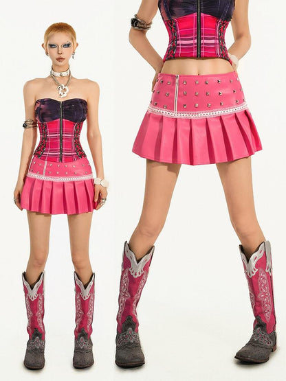 Nico Molly Pink Pleated Studded Embroidered A Line Women&