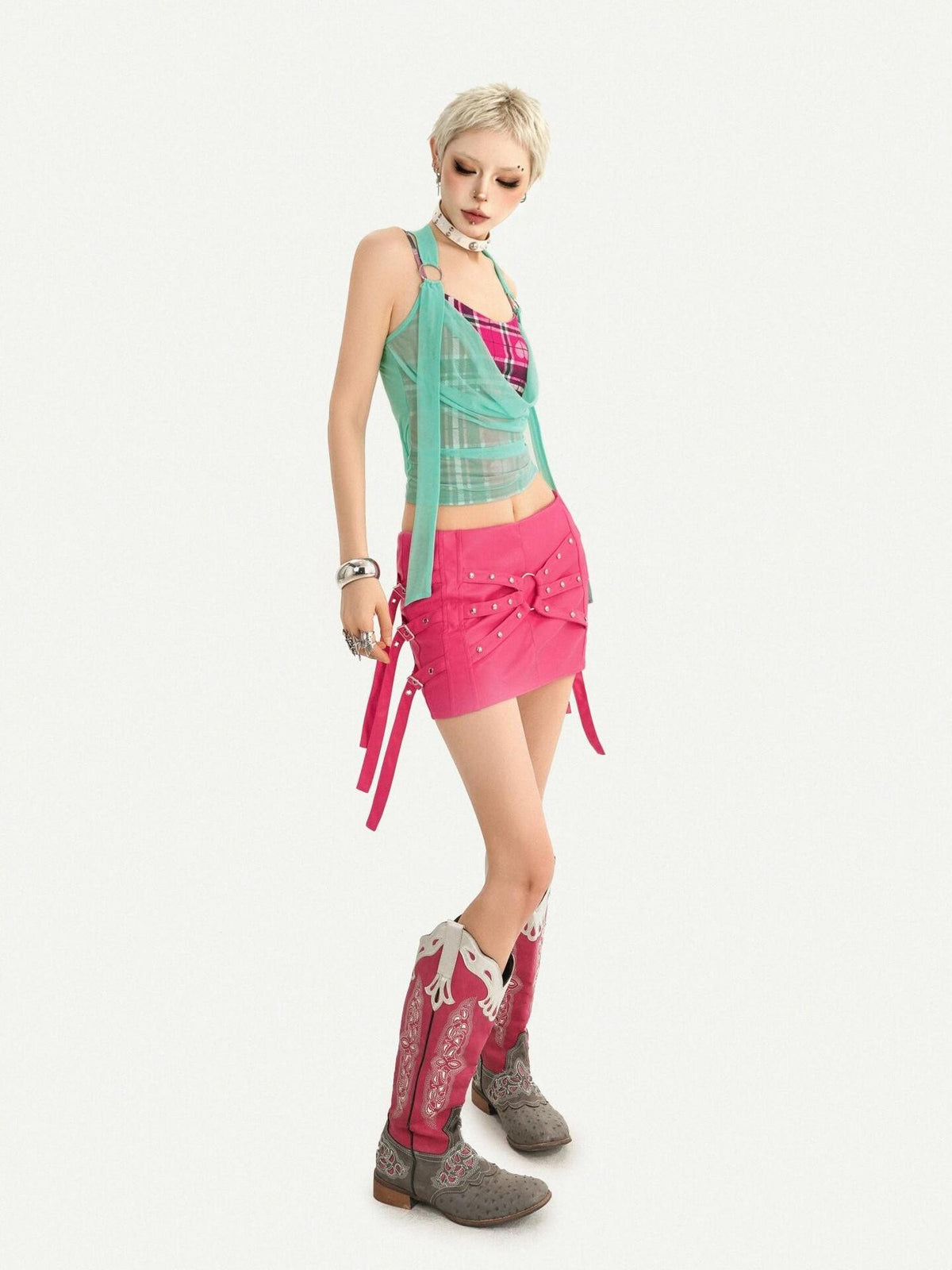Nico Molly Plaid Faux Two Piece Slim Fit Built In Pad Slimming Women&