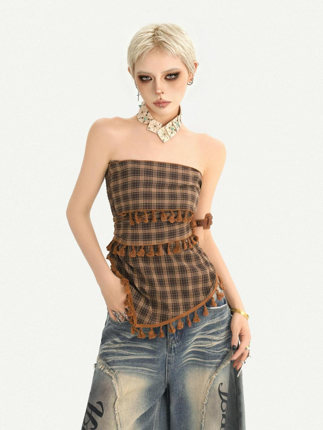 Nico Molly Plaid Fringe Slim Fit Figure Flattering Retro Street Women&