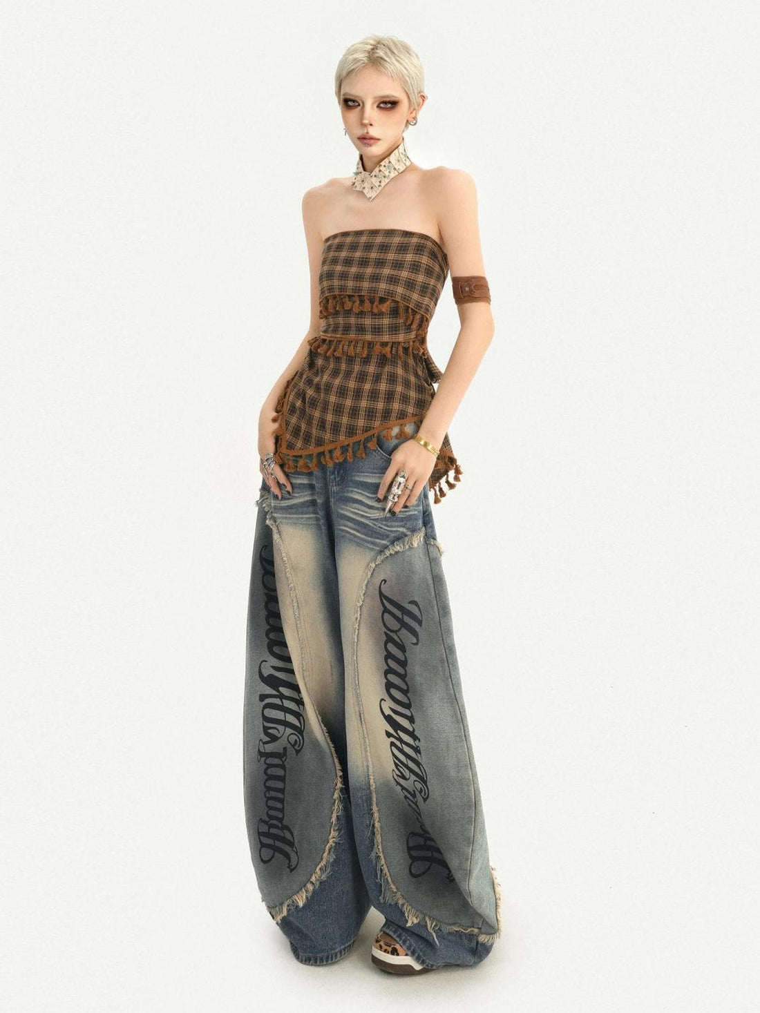 Nico Molly Plaid Fringe Slim Fit Figure Flattering Retro Street Women&