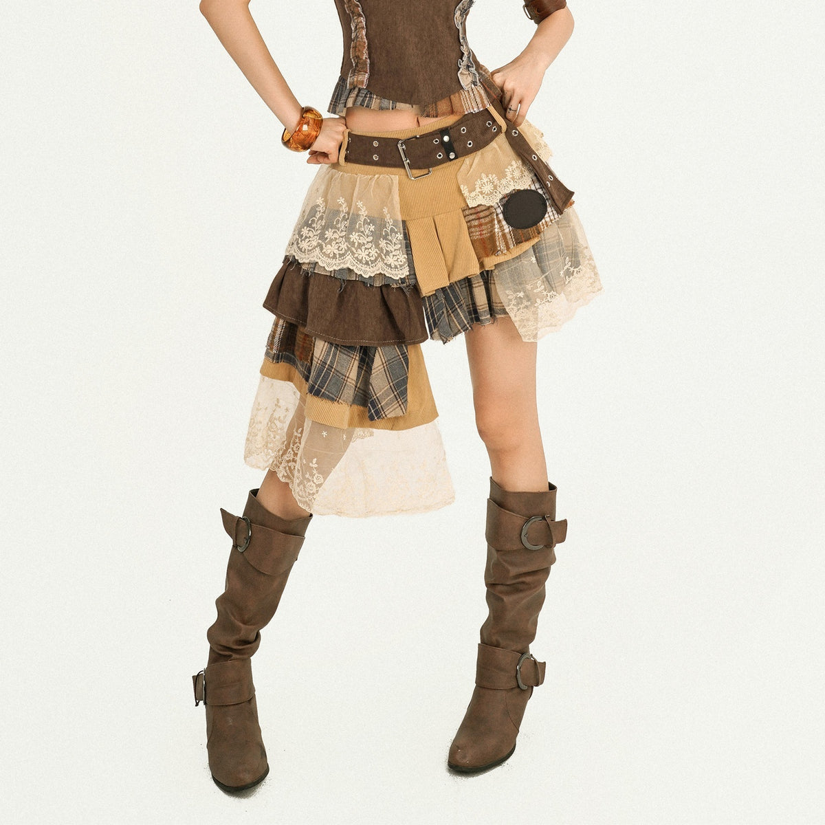 Nico_Molly_Plaid_Lace_Patchwork_Asymmetrical_Ribbon_Women&