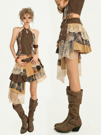Nico Molly Plaid Lace Patchwork Asymmetrical Ribbon Women&