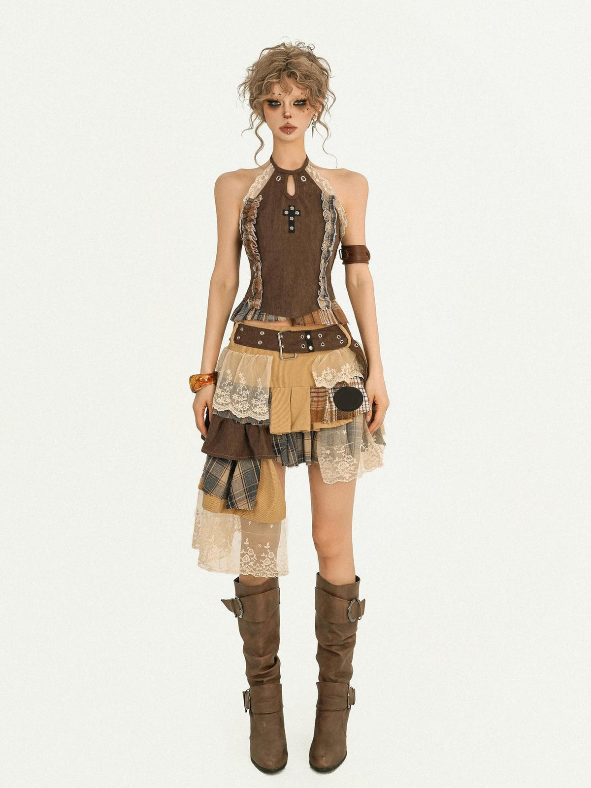 Nico Molly Plaid Lace Patchwork Asymmetrical Ribbon Women&