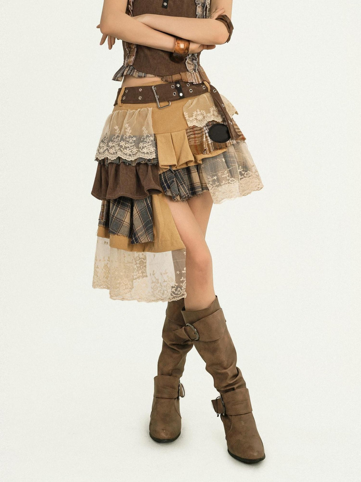 Nico Molly Plaid Lace Patchwork Asymmetrical Ribbon Women&