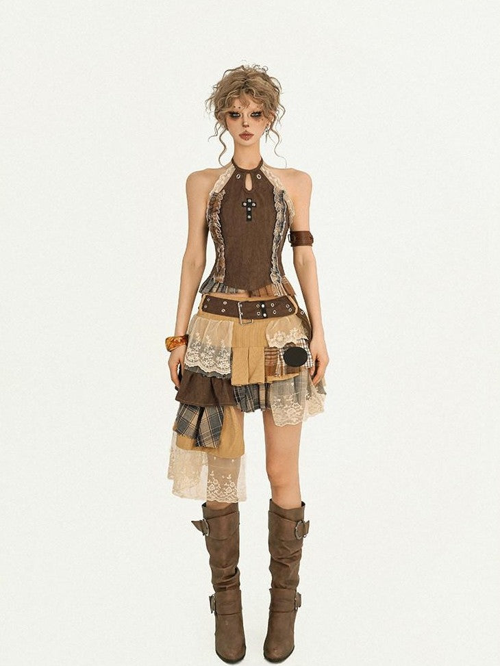 Nico Molly Plaid Lace Patchwork Asymmetrical Ribbon Women&