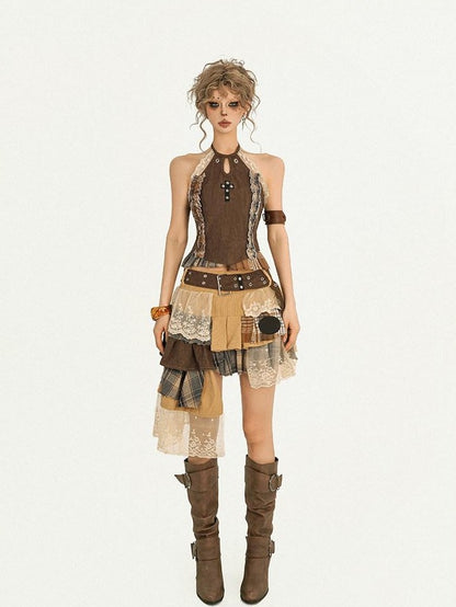 Nico Molly Plaid Lace Patchwork Asymmetrical Ribbon Women&