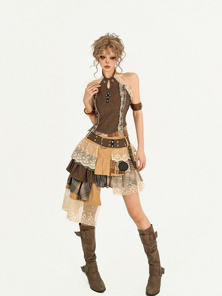 Nico Molly Plaid Lace Patchwork Asymmetrical Ribbon Women&