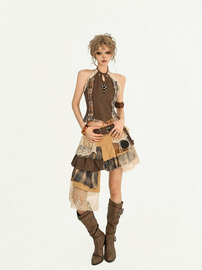 Nico Molly Plaid Lace Patchwork Asymmetrical Ribbon Women&