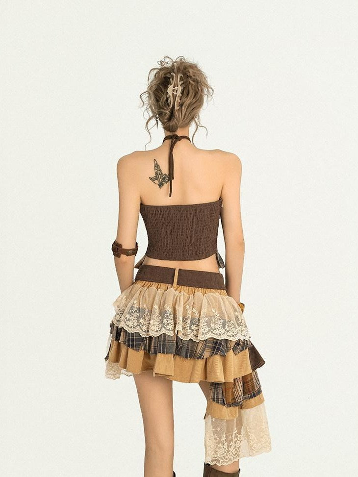 Nico Molly Plaid Lace Patchwork Asymmetrical Ribbon Women&
