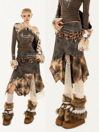 Nico Molly Plaid Patchwork Irregular Layered High Waist Women&