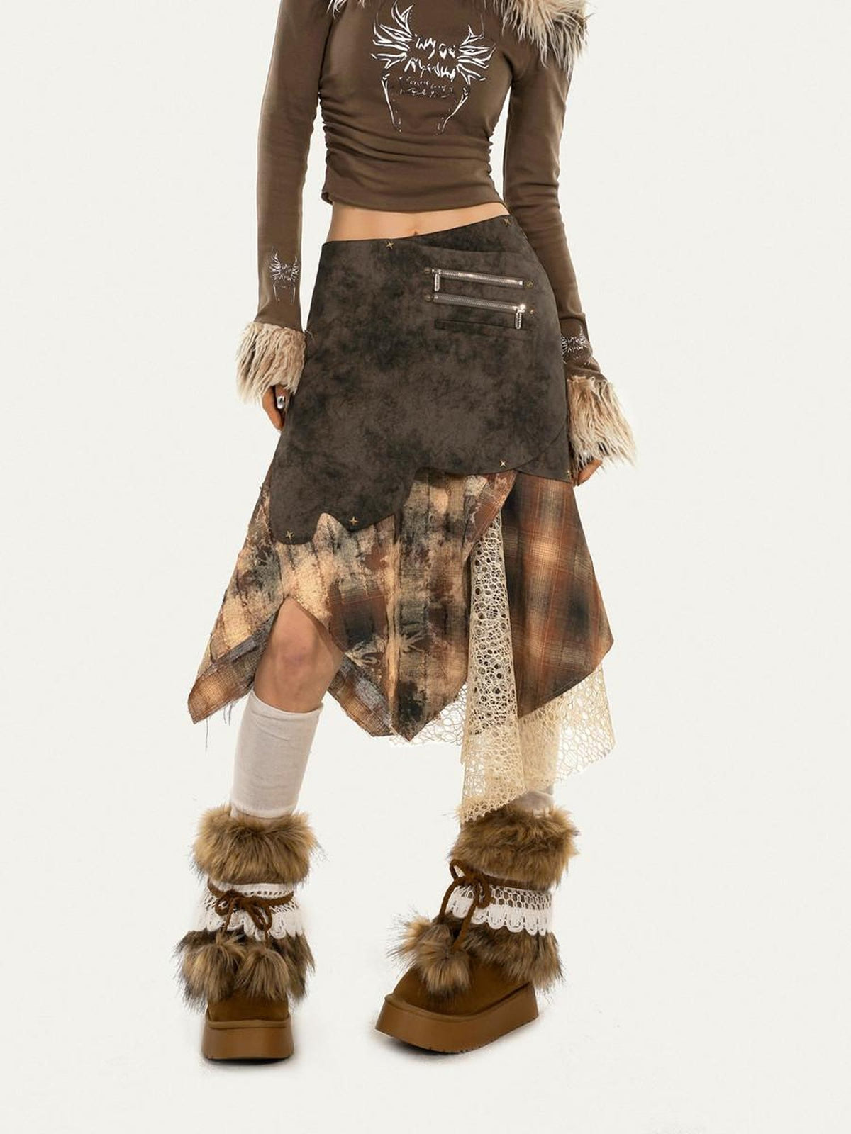 Nico Molly Plaid Patchwork Irregular Layered High Waist Women&