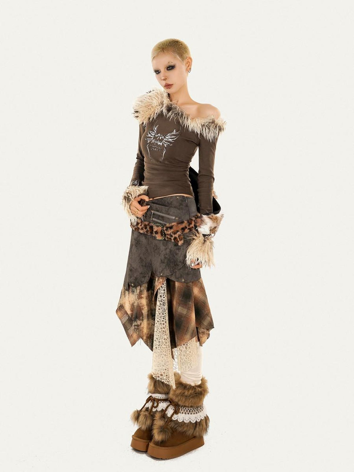 Nico Molly Plaid Patchwork Irregular Layered High Waist Women&
