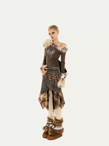 Nico Molly Plaid Patchwork Irregular Layered High Waist Women&