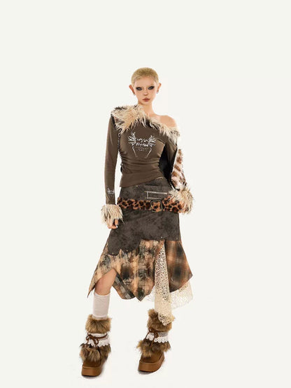 Nico Molly Plaid Patchwork Irregular Layered High Waist Women&