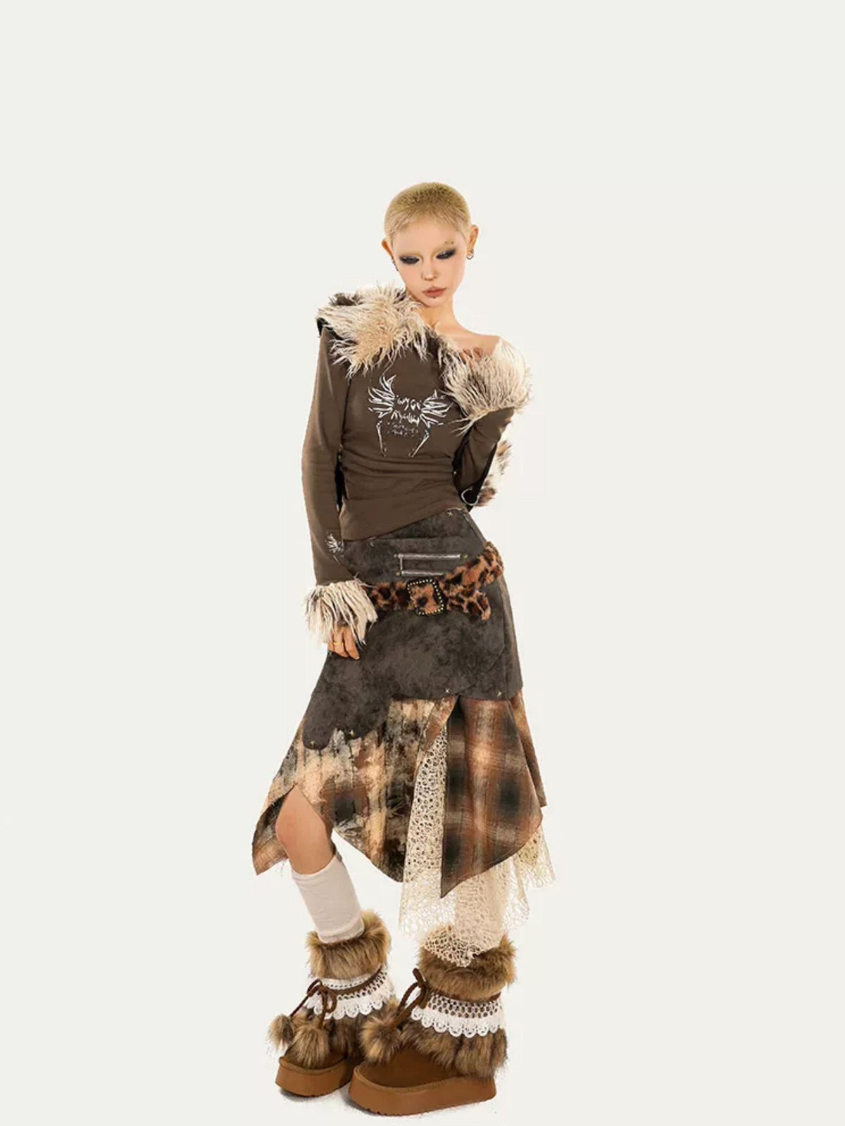 Nico Molly Plaid Patchwork Irregular Layered High Waist Women&
