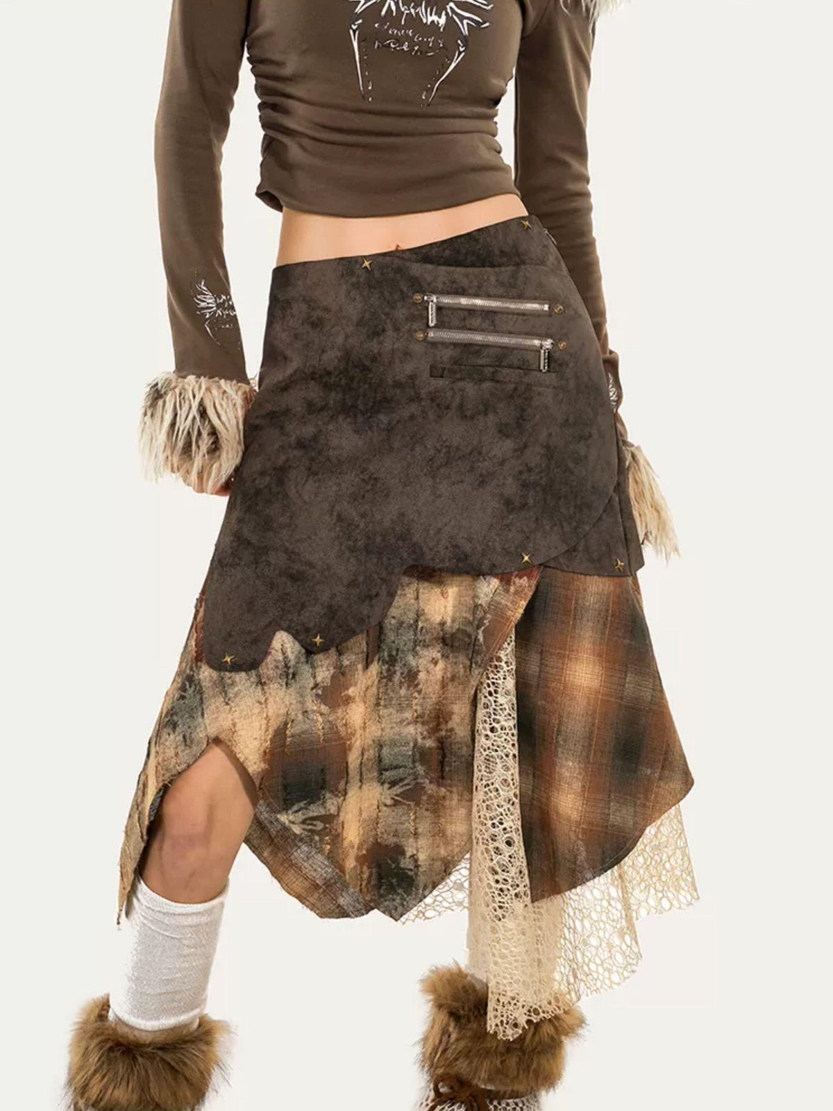 Nico Molly Plaid Patchwork Irregular Layered High Waist Women&