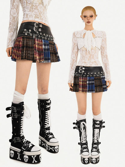 Nico Molly Plaid Pleated Lace Up Spliced High Waist Women&