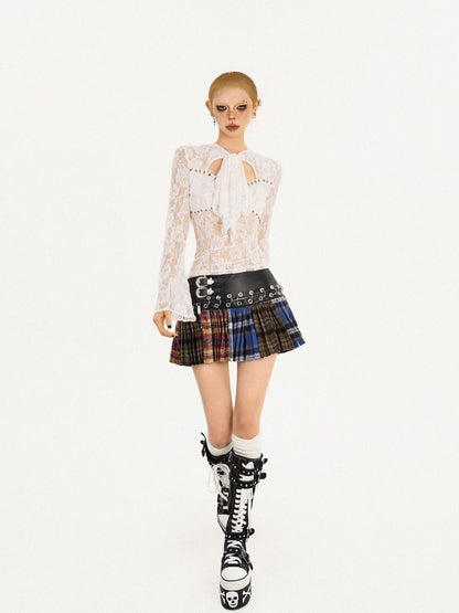 Nico Molly Plaid Pleated Lace Up Spliced High Waist Women&