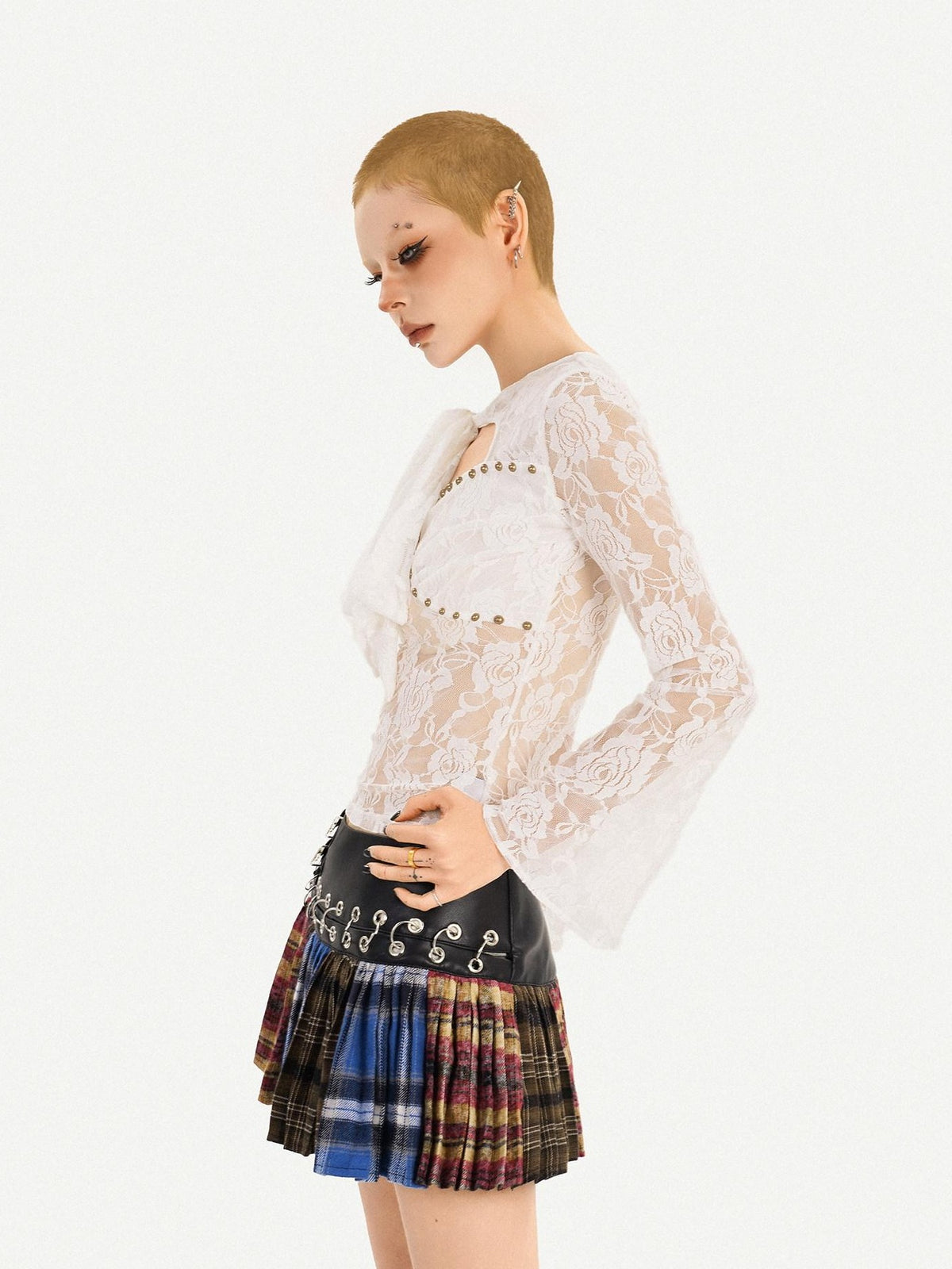 Nico Molly Plaid Pleated Lace Up Spliced High Waist Women&