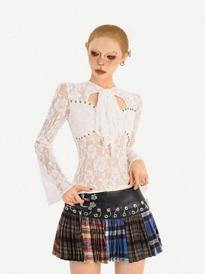 Nico Molly Plaid Pleated Lace Up Spliced High Waist Women&
