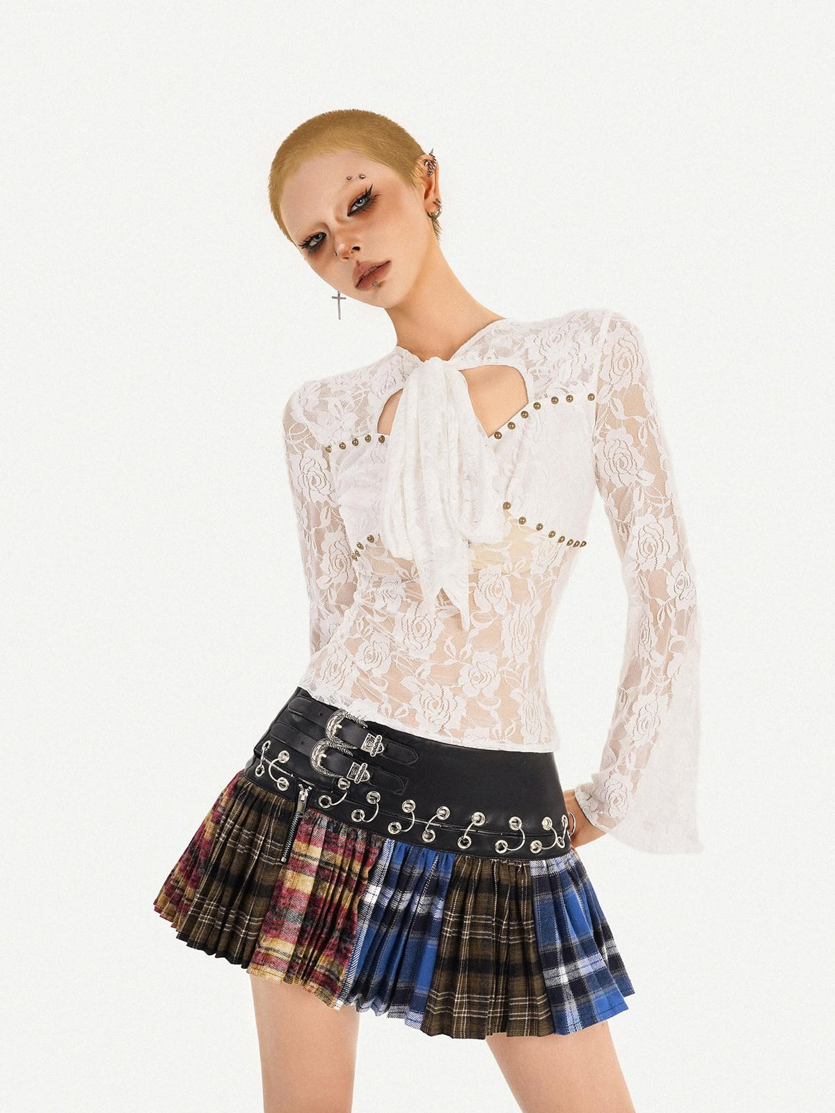 Nico Molly Plaid Pleated Lace Up Spliced High Waist Women&