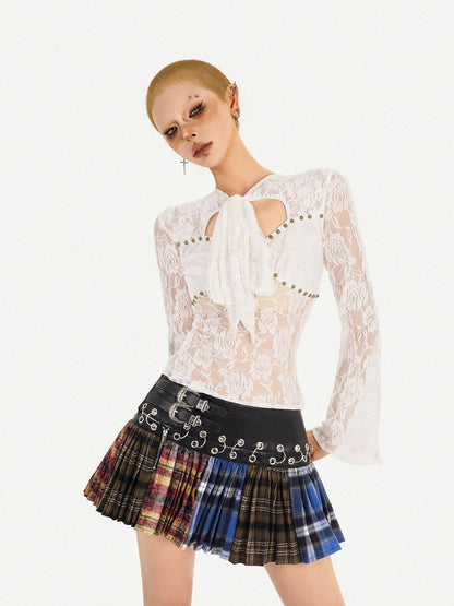 Nico Molly Plaid Pleated Lace Up Spliced High Waist Women&