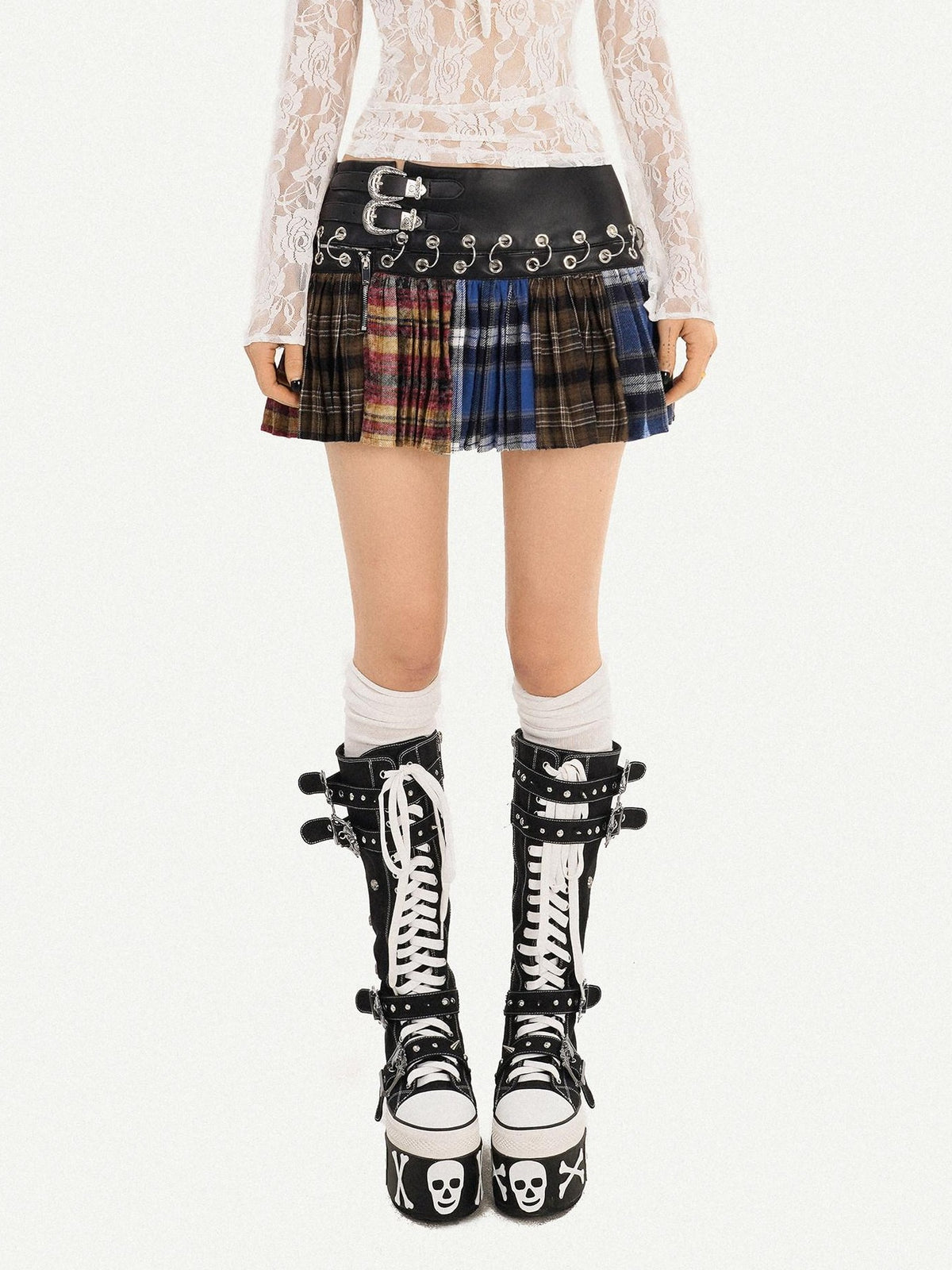 Nico Molly Plaid Pleated Lace Up Spliced High Waist Women&