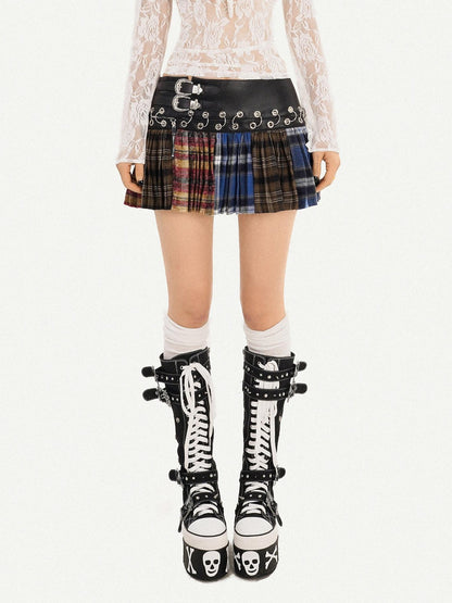 Nico Molly Plaid Pleated Lace Up Spliced High Waist Women&