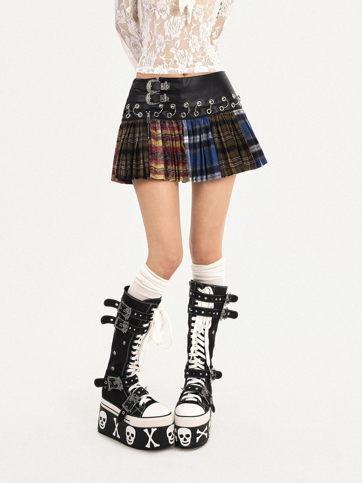 Nico Molly Plaid Pleated Lace Up Spliced High Waist Women&