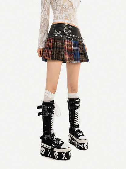 Nico Molly Plaid Pleated Lace Up Spliced High Waist Women&