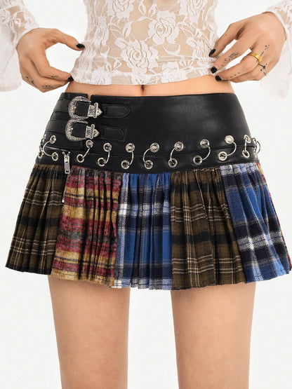 Nico Molly Plaid Pleated Lace Up Spliced High Waist Women&