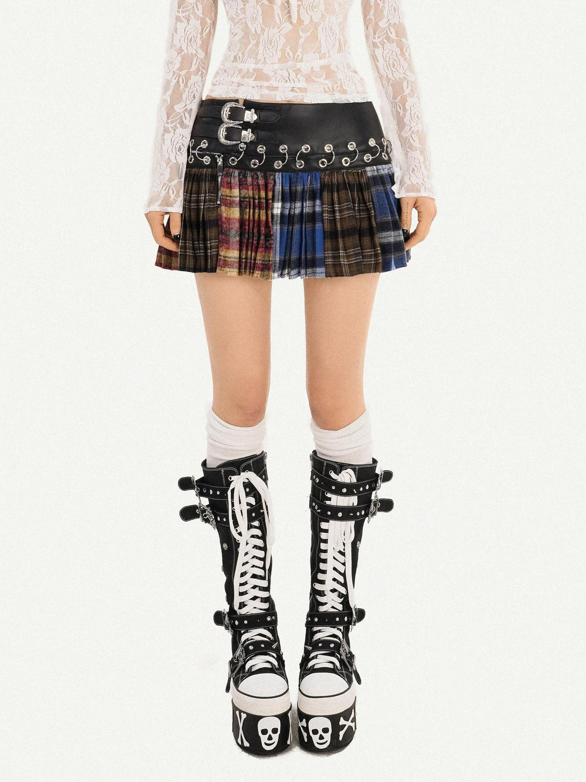 Nico Molly Plaid Pleated Lace Up Spliced High Waist Women&