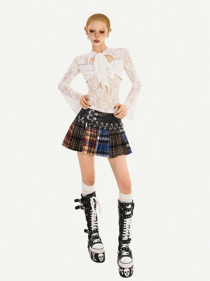 Nico Molly Plaid Pleated Lace Up Spliced High Waist Women&