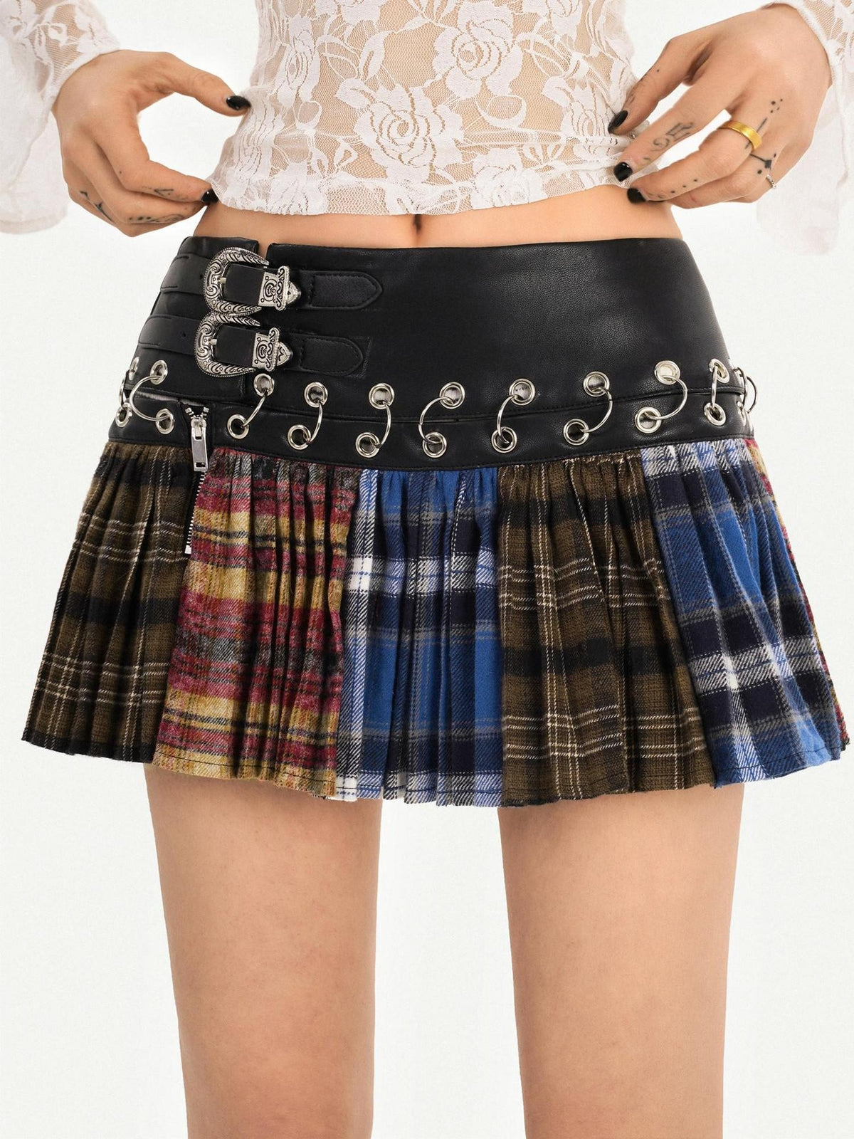 Nico Molly Plaid Pleated Lace Up Spliced High Waist Women&