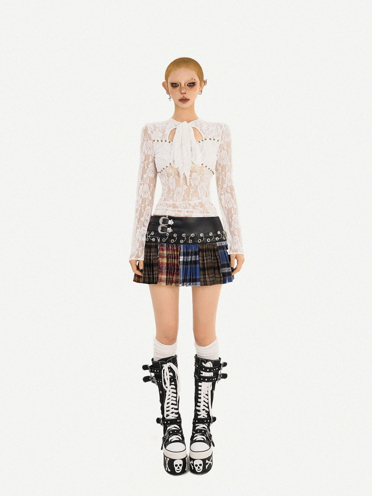 Nico Molly Plaid Pleated Lace Up Spliced High Waist Women&